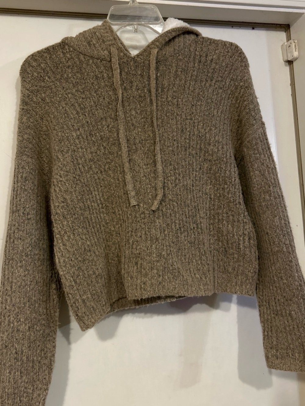 Almost Famous Taupe Hooded Ribbed Knit Sweater